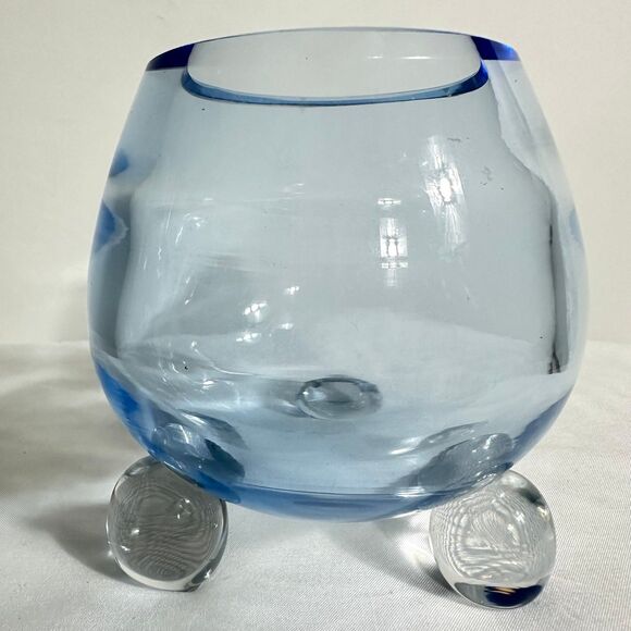 Vintage Tiffin Glass Swedish Optic Copen Blue  3 Feet Ball Vase - Picture 1 of 8